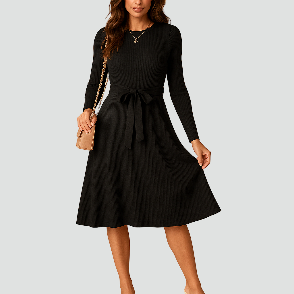 Dzianinowa sukienka midi z paskiem w talii i długim rękawem