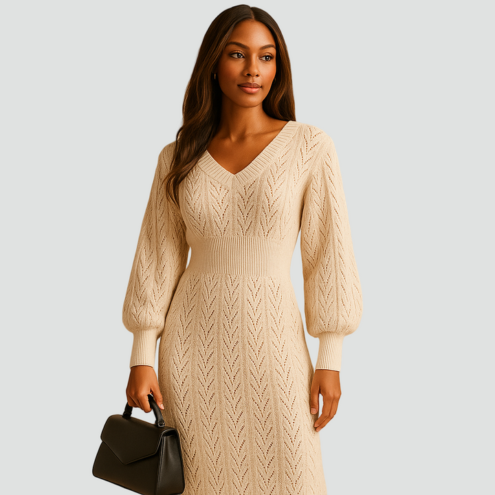 Ażurowa dzianinowa sukienka midi z dekoltem V dla kobiet