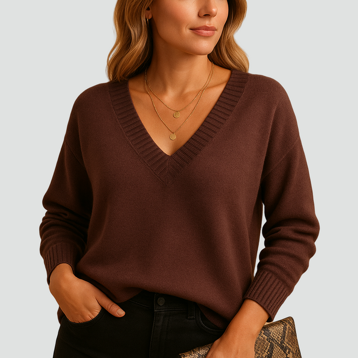 Miękki sweter dla kobiet z dekoltem w serek i prążkowanymi mankietami