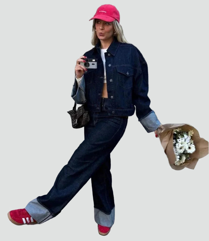 Komplet Damski Jeansowy Kurtka Oversize Spodnie Szerokie Nogawki