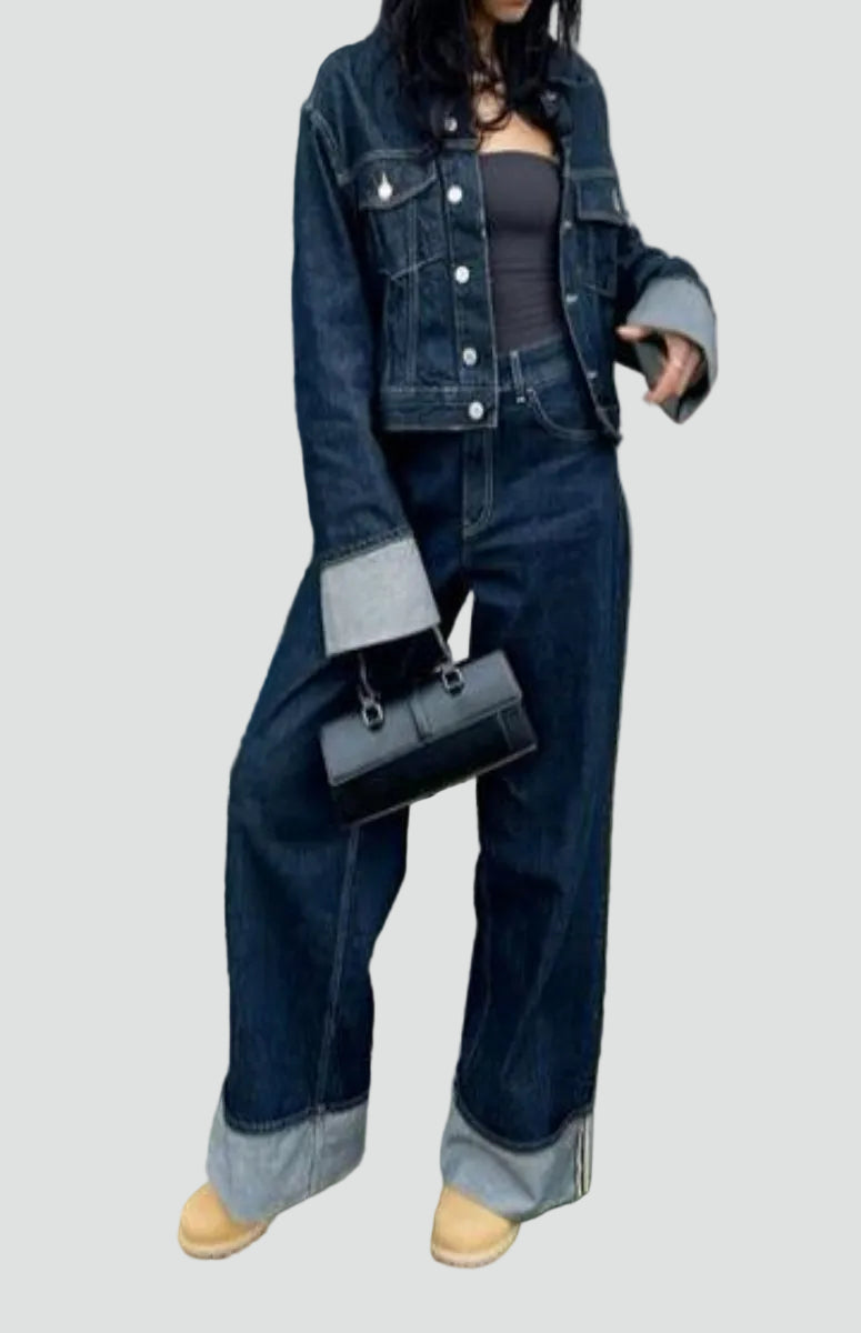 Komplet Damski Jeansowy Kurtka Oversize Spodnie Szerokie Nogawki