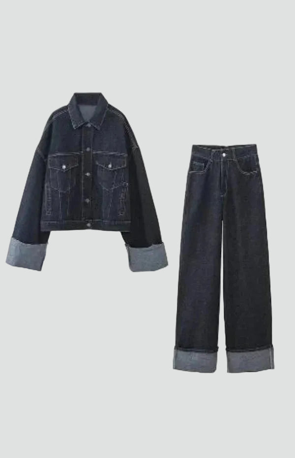 Komplet Damski Jeansowy Kurtka Oversize Spodnie Szerokie Nogawki