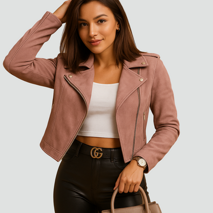 Krótka kurtka damska biker leather look z zamkiem