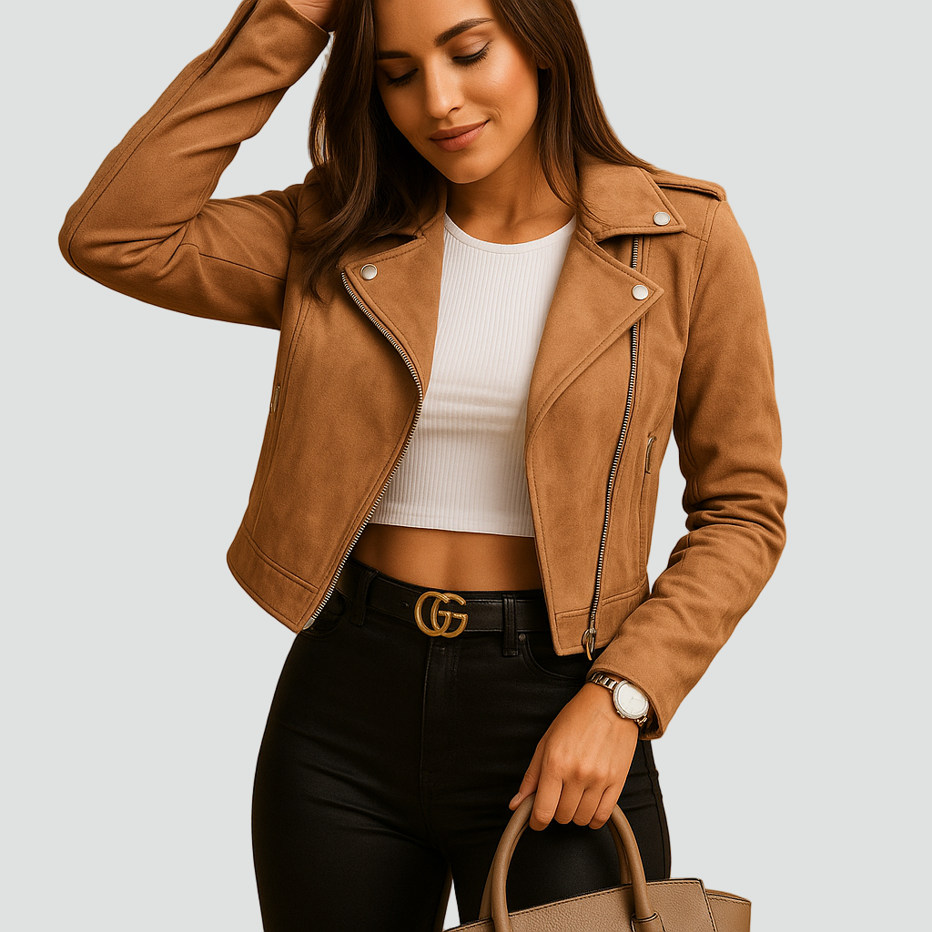 Krótka kurtka damska biker leather look z zamkiem