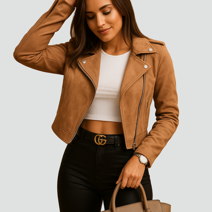 Krótka kurtka damska biker leather look z zamkiem