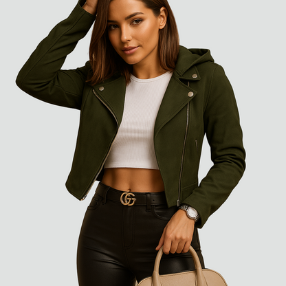 Krótka kurtka damska biker leather look z zamkiem