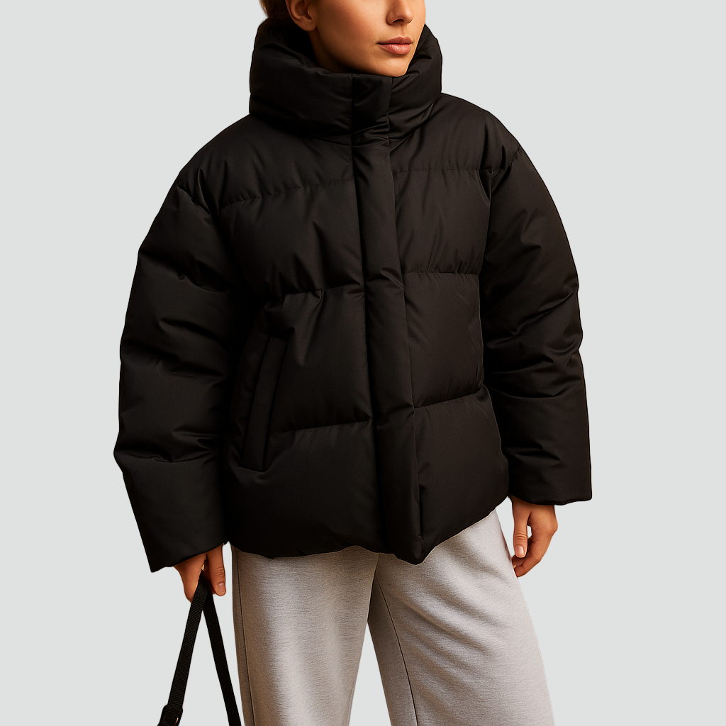 Krótka oversize kurtka puffer damska pikowana z kapturem