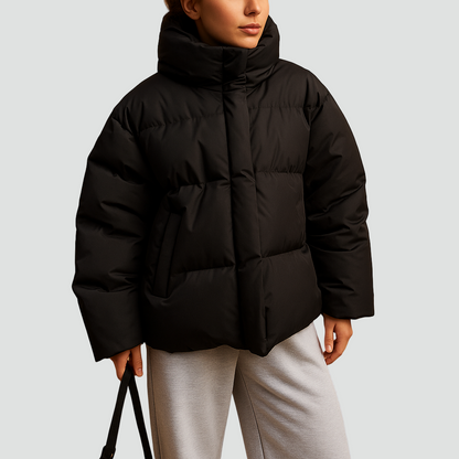 Krótka oversize kurtka puffer damska pikowana z kapturem