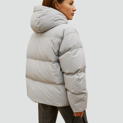 Krótka oversize kurtka puffer damska pikowana z kapturem