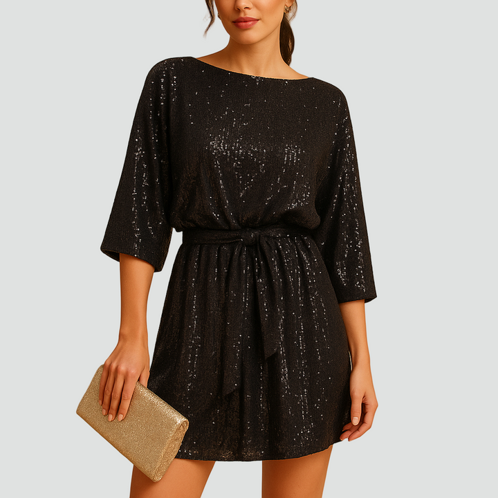 Brokatowa mini sukienka koktajlowa z paskiem dla kobiet