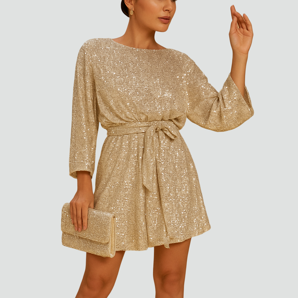 Brokatowa mini sukienka koktajlowa z paskiem dla kobiet