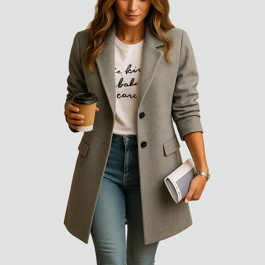 Półdługi płaszcz wełniany damski z guzikami elegancki