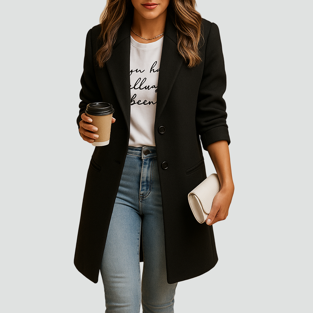 Półdługi płaszcz wełniany damski z guzikami elegancki