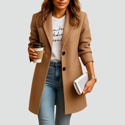 Półdługi płaszcz wełniany damski z guzikami elegancki