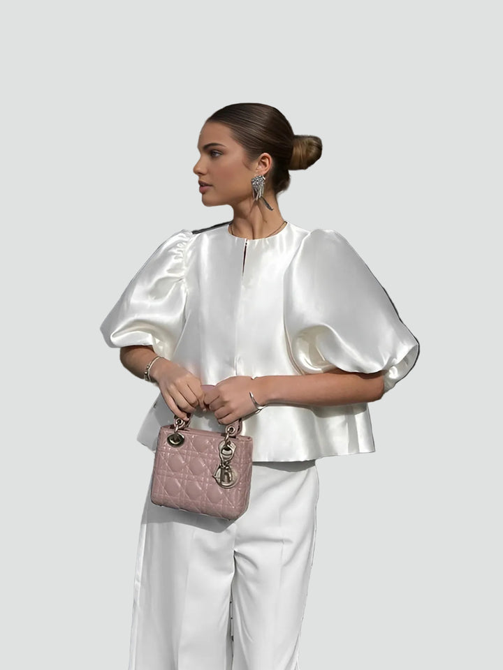 Women's Satin Blouse Puff Sleeves Elegant Formal Loose