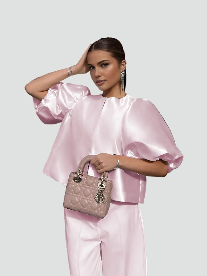 Women's Satin Blouse Puff Sleeves Elegant Formal Loose