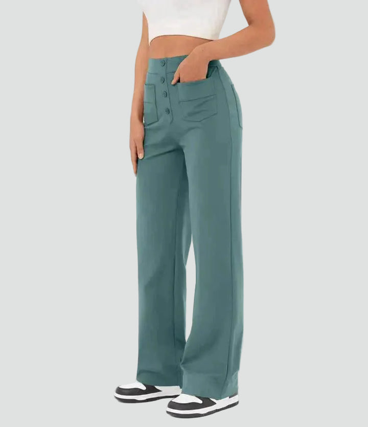High-waisted pants with wide legs and buttons