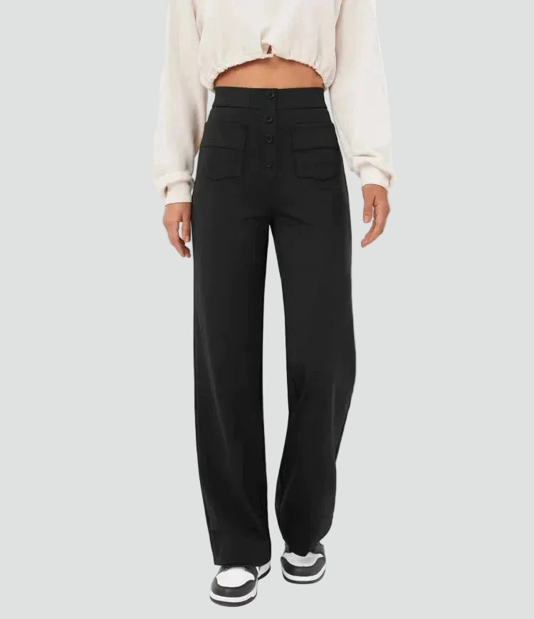 High-waisted pants with wide legs and buttons