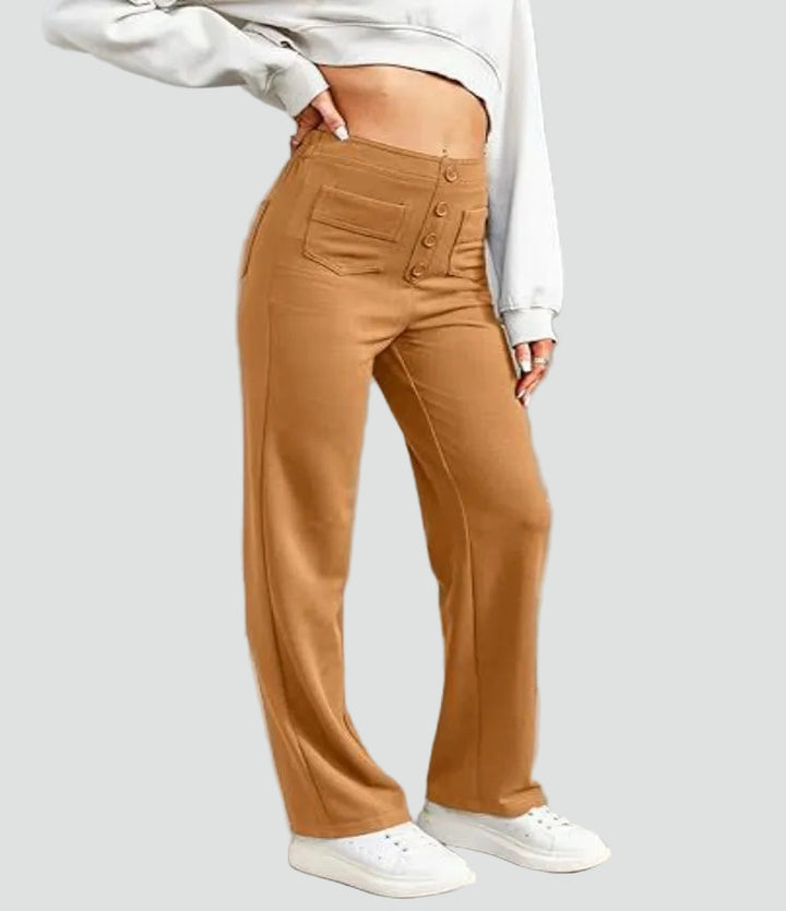 High-waisted pants with wide legs and buttons