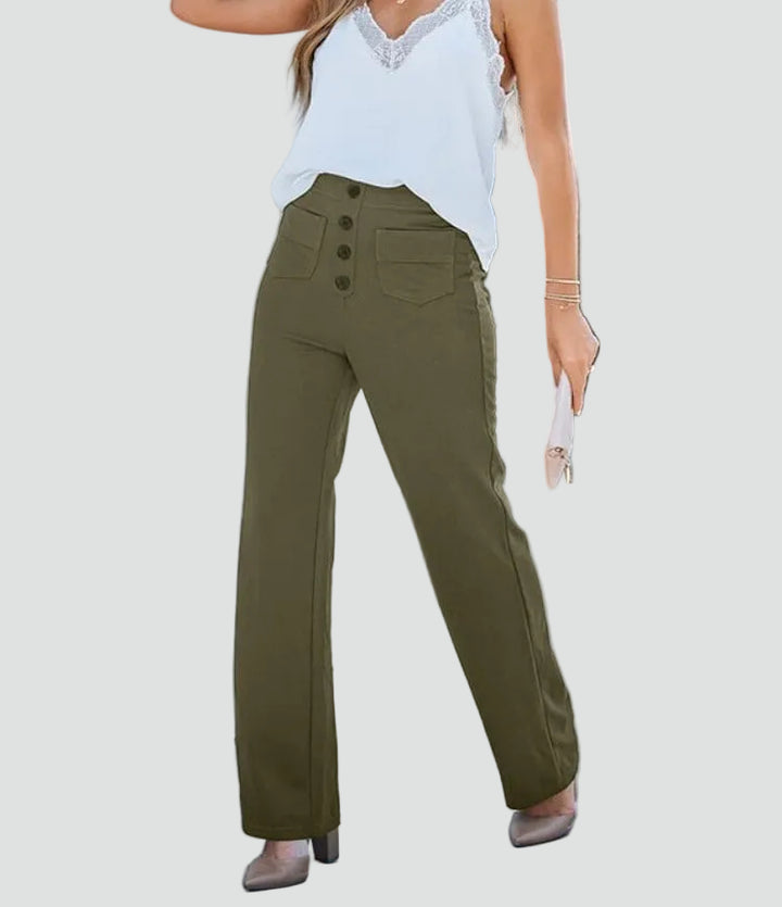 High-waisted pants with wide legs and buttons