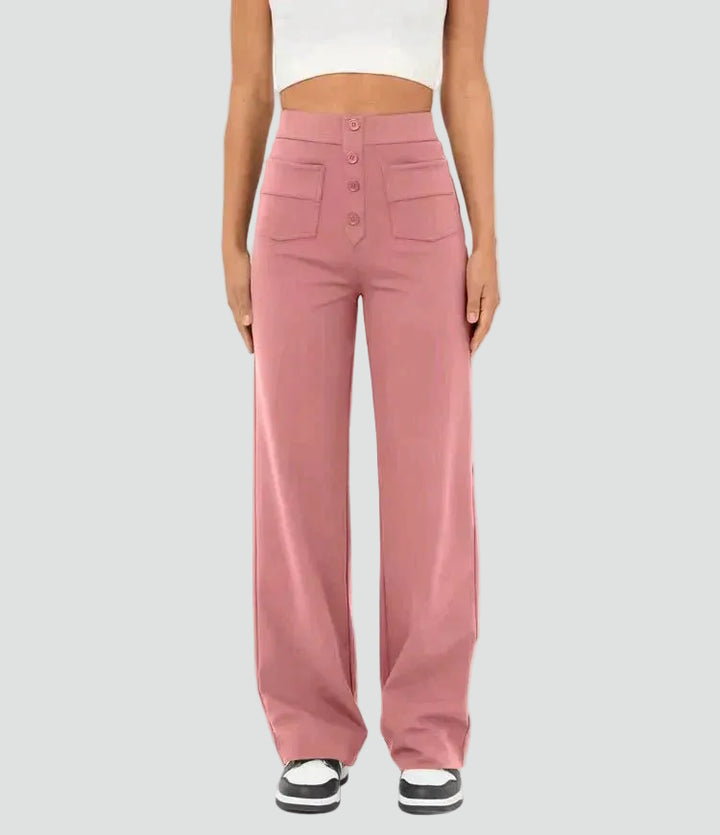High-waisted pants with wide legs and buttons