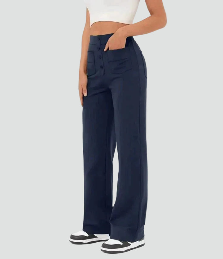 High-waisted pants with wide legs and buttons