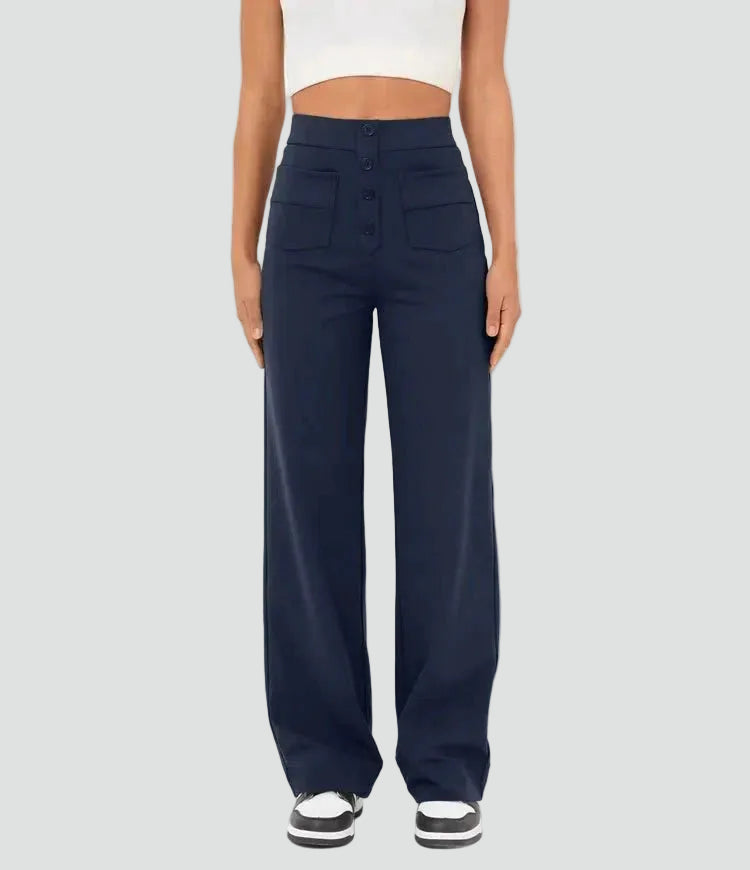 High-waisted pants with wide legs and buttons