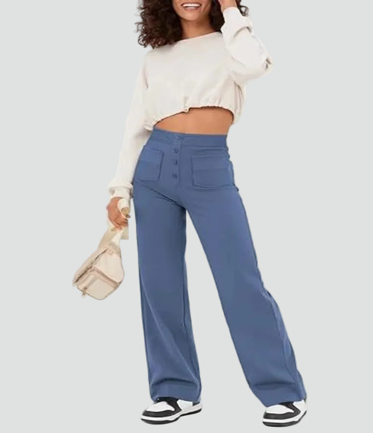 High-waisted pants with wide legs and buttons