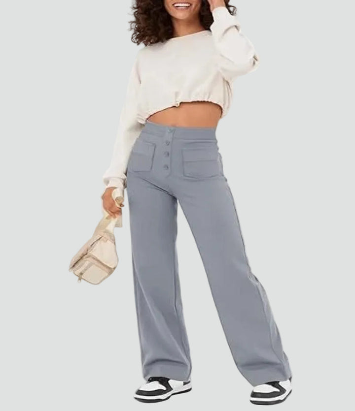 High-waisted pants with wide legs and buttons