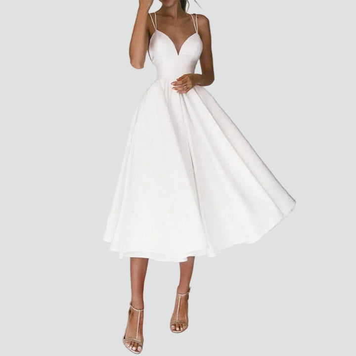 Flared midi cocktail dress with sweetheart neckline for weddings