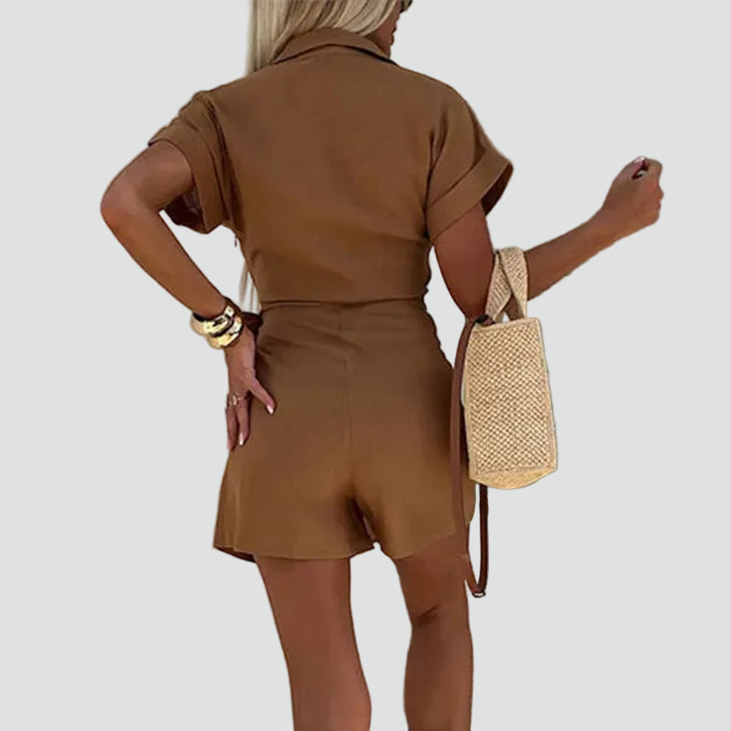 Women's short linen jumpsuit with collar and tie