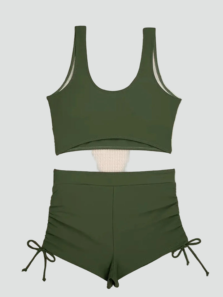 Women's bikini swimsuit with top and high-waisted bottoms