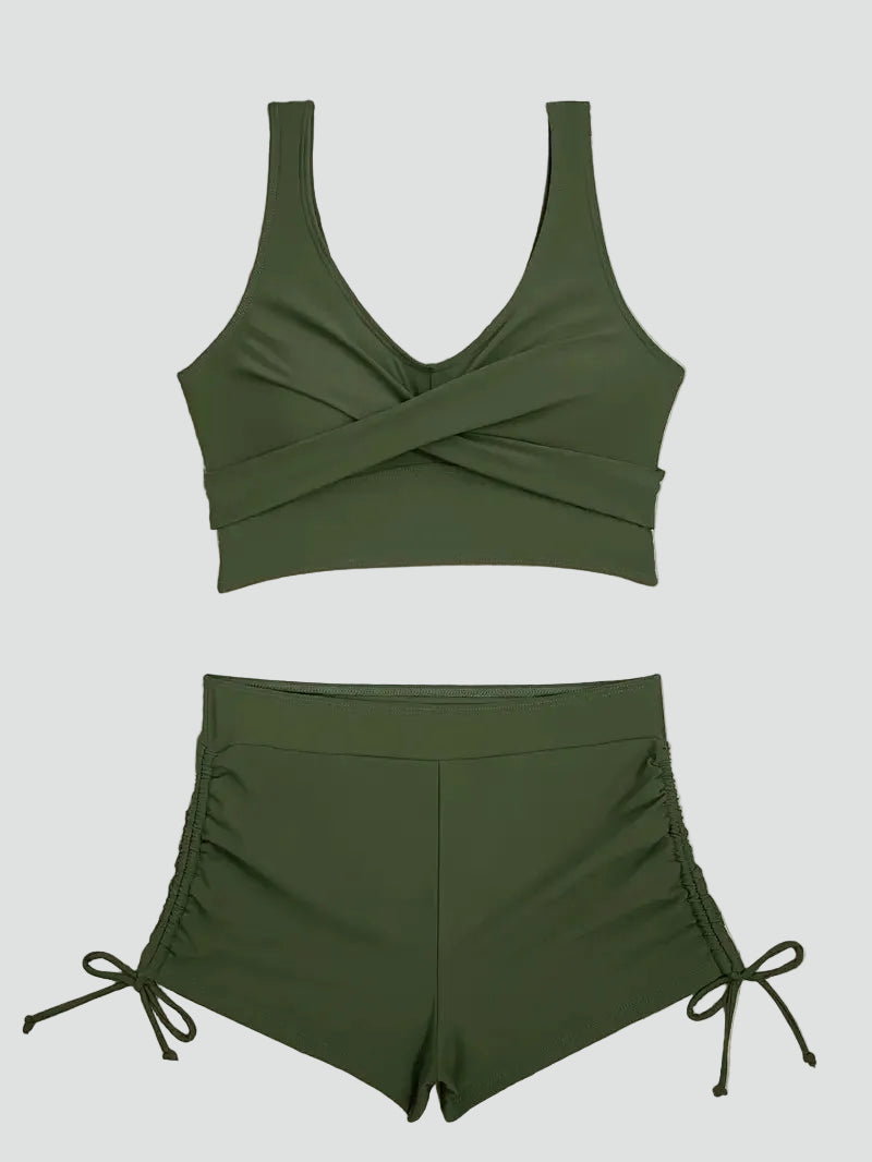 Women's bikini swimsuit with top and high-waisted bottoms