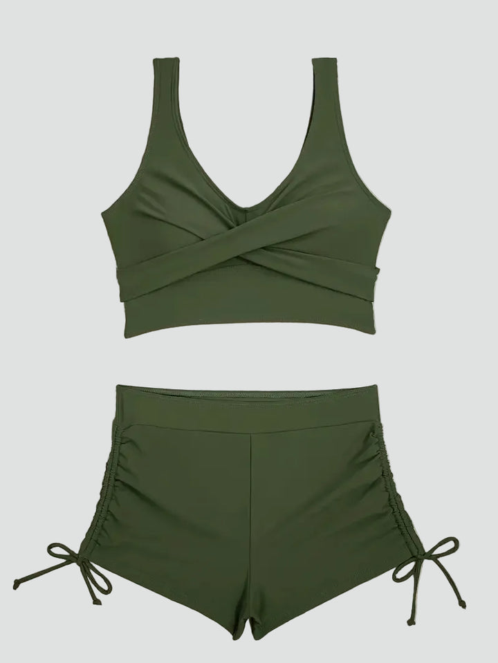 Women's bikini swimsuit with top and high-waisted bottoms
