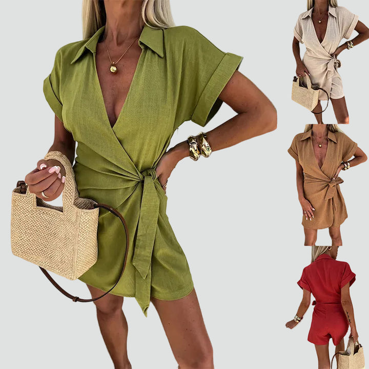 Women's short linen jumpsuit with collar and tie