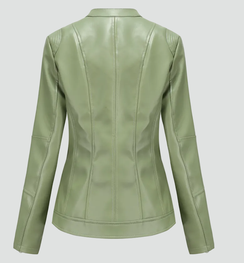 Women's biker jacket made of eco-friendly leather with zipper and stand-up collar