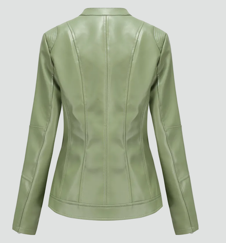 Women's biker jacket made of eco-friendly leather with zipper and stand-up collar