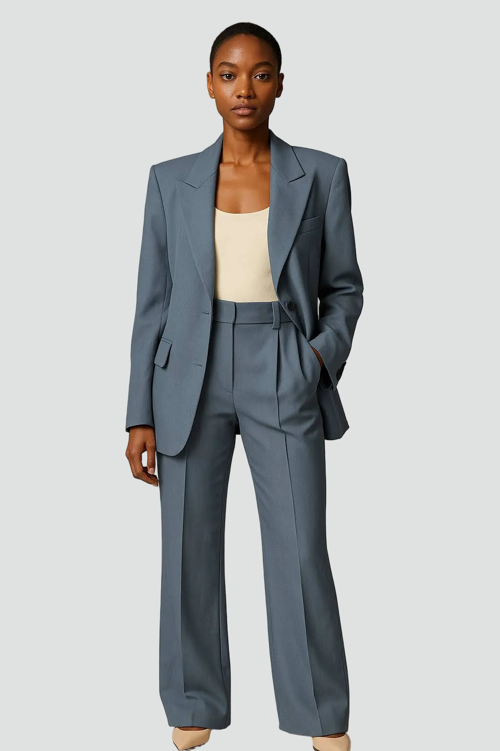 Damski komplet garniturowy z marynarką i szerokimi spodniami z wysokim stanem