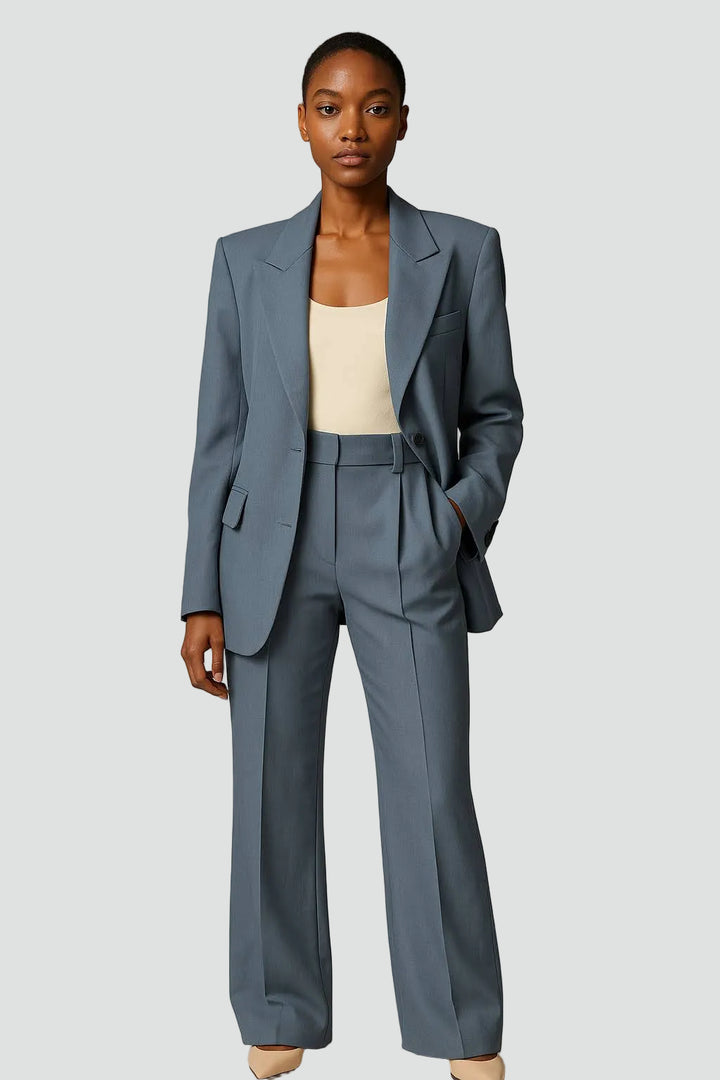 Damski komplet garniturowy z marynarką i szerokimi spodniami z wysokim stanem