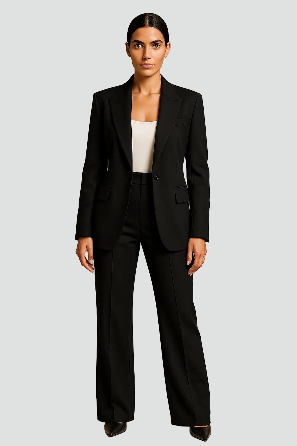 Damski komplet garniturowy z marynarką i szerokimi spodniami z wysokim stanem