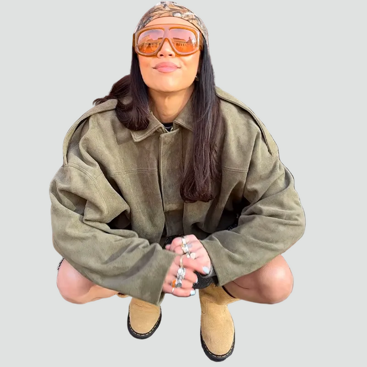 Women's oversized suede bomber jacket with zipper for everyday wear