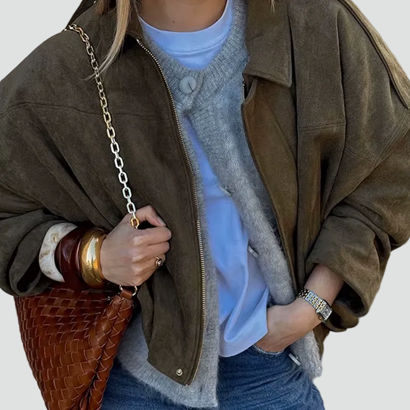 Women's oversized suede bomber jacket with zipper for everyday wear