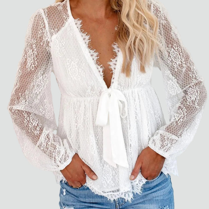 Blouse en dentelle sexy avec décolleté plongeant en V et nouage