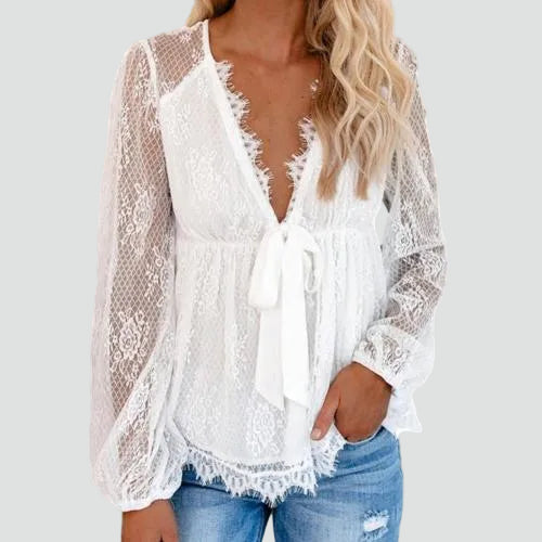 Blouse en dentelle sexy avec décolleté plongeant en V et nouage