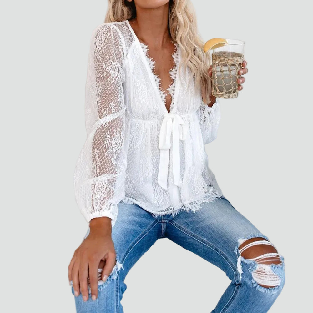 Blouse en dentelle sexy avec décolleté plongeant en V et nouage