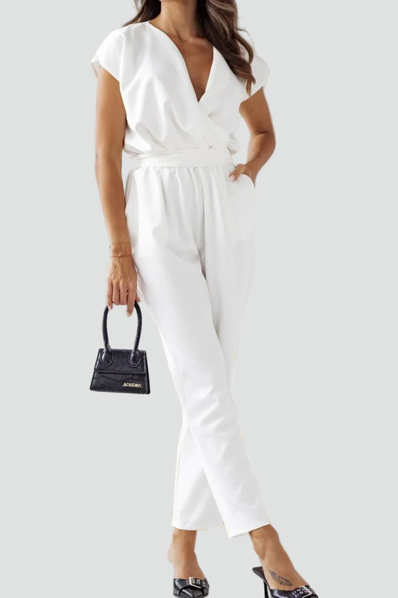 Elegant Women's Jumpsuit with Wrap Neckline and Waist Tie