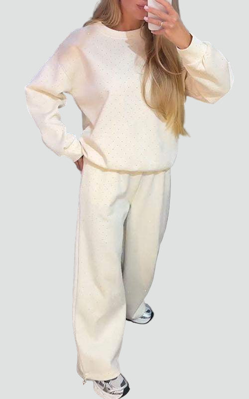 Brokatowy dresowy komplet damski oversize z szerokimi nogawkami