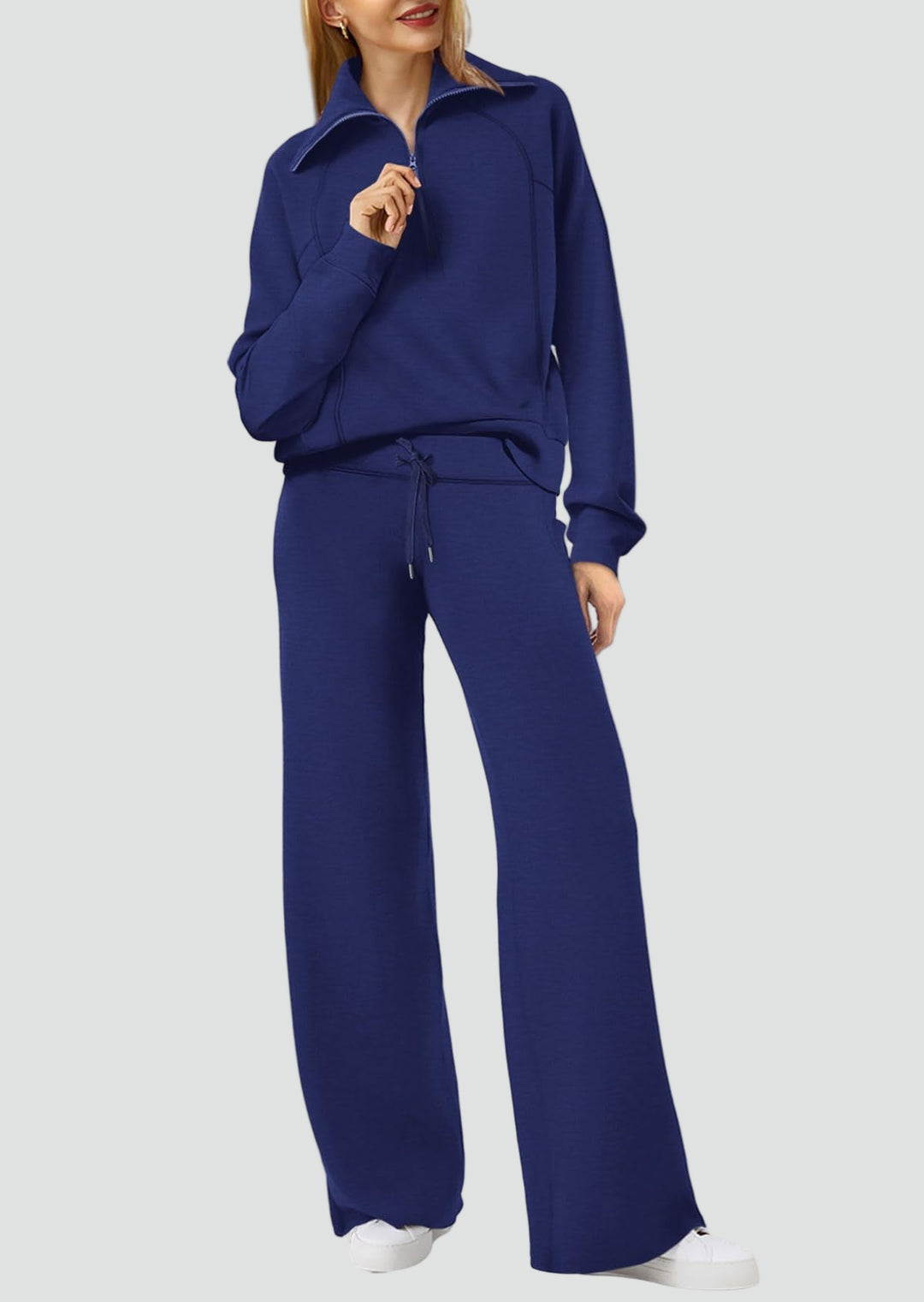 Damski komplet dresowy loungewear z bluzą half-zip i szerokimi spodniami