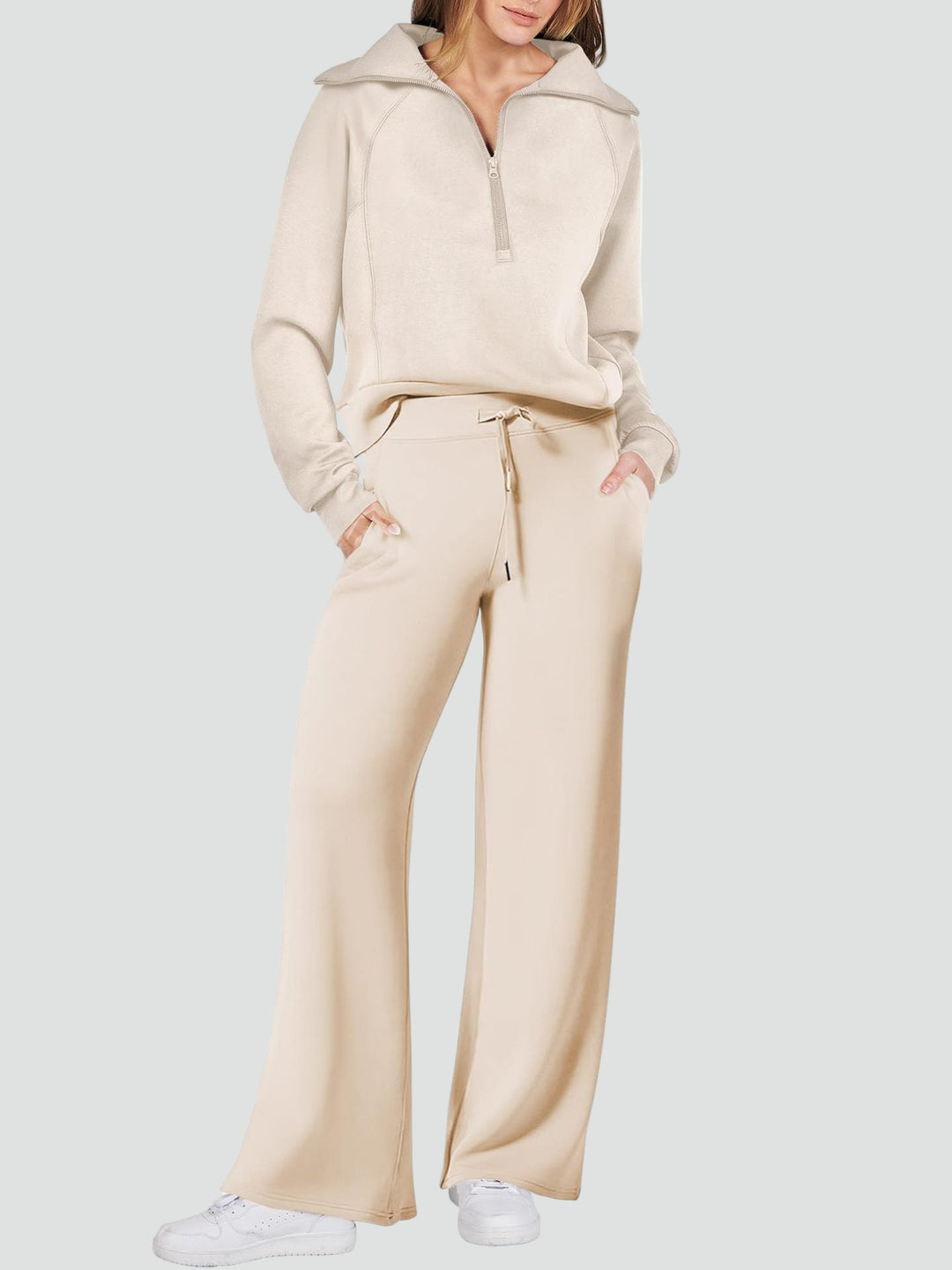 Damski komplet dresowy loungewear z bluzą half-zip i szerokimi spodniami