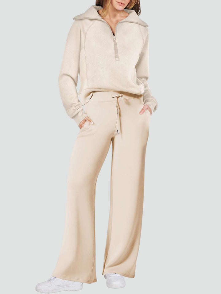 Damski komplet dresowy loungewear z bluzą half-zip i szerokimi spodniami